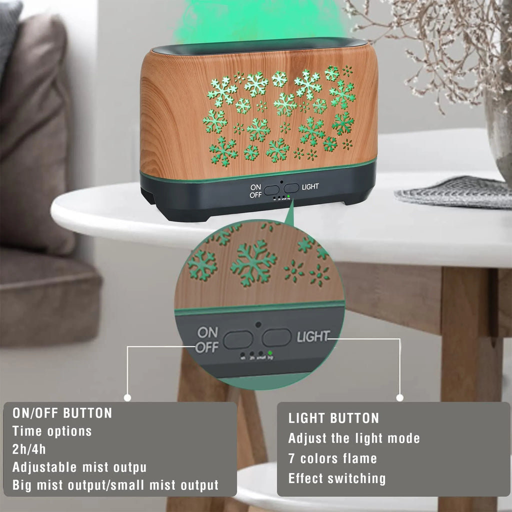 Square snowflake wood grain aromatherapy diffuser showing colourful flame effect mist and remote control on a desktop.
