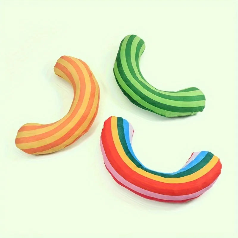 Striped pattern cat pillow toy with noise features and catnip strip in green colour