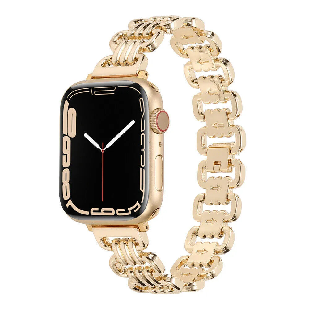 Silver alloy metal replacement bracelet for an Apple Watch, shown alongside black, gold, rose gold, and Starlight colour options.