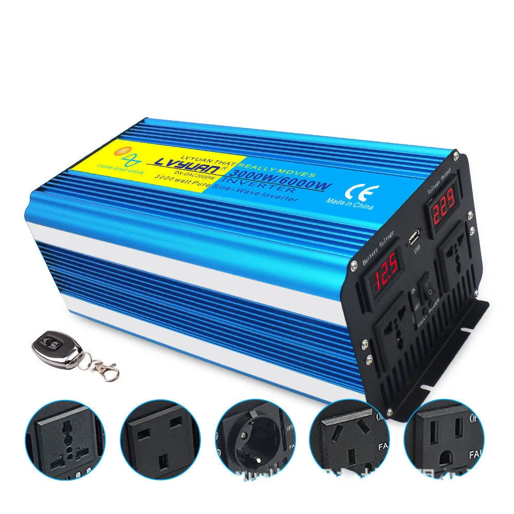 Blue 3000W 12V to 220V pure sine wave power inverter with digital displays and remote control