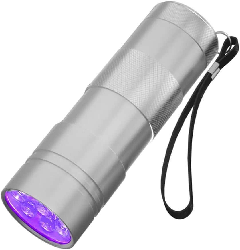 Black aluminium UV flashlight with purple LED for detecting pet stains and pests