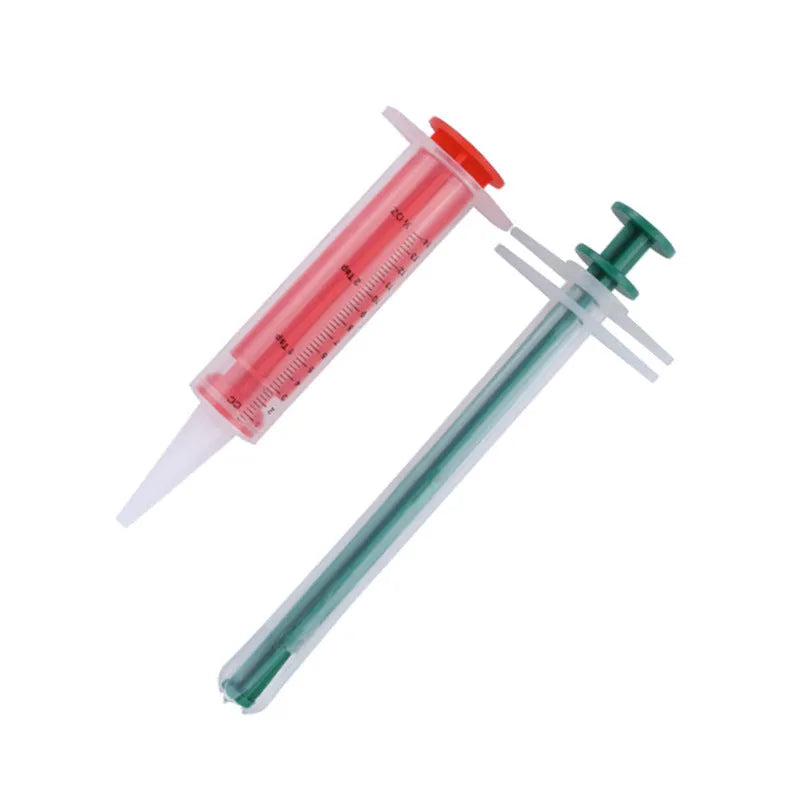 Two pack of soft tip silica gel pet pill shooters for cats and dogs showing plunger and barrel