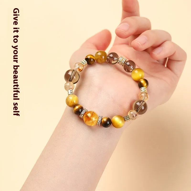 Lucky Jinba Tiger-eye crystal bracelet with yellow stone and geometric tower design
