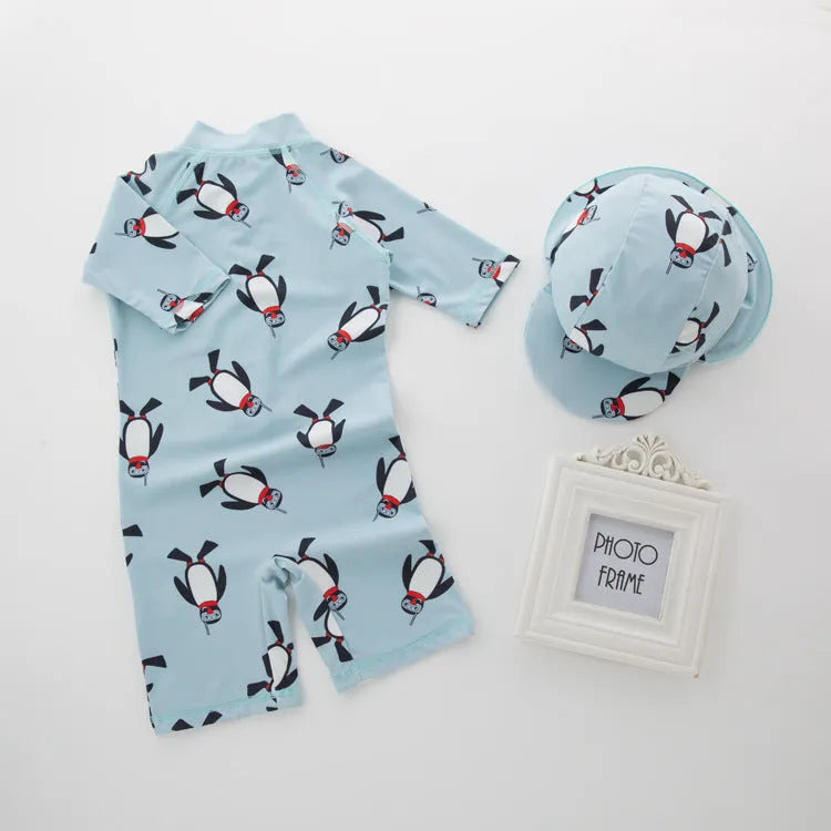 Boys' long sleeve penguin swimsuit with matching swimming cap for beach and pool use