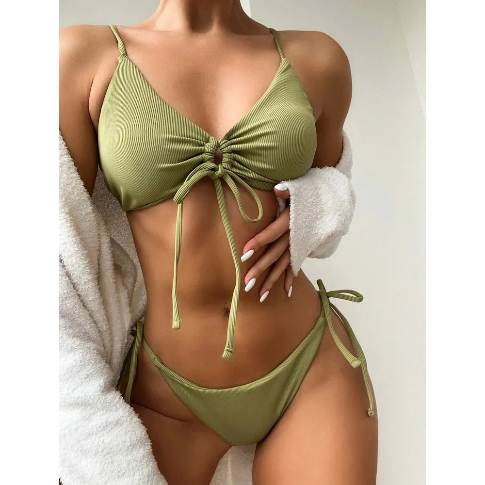 Women's drawstring bikini swimsuit in solid colour with spandex lining