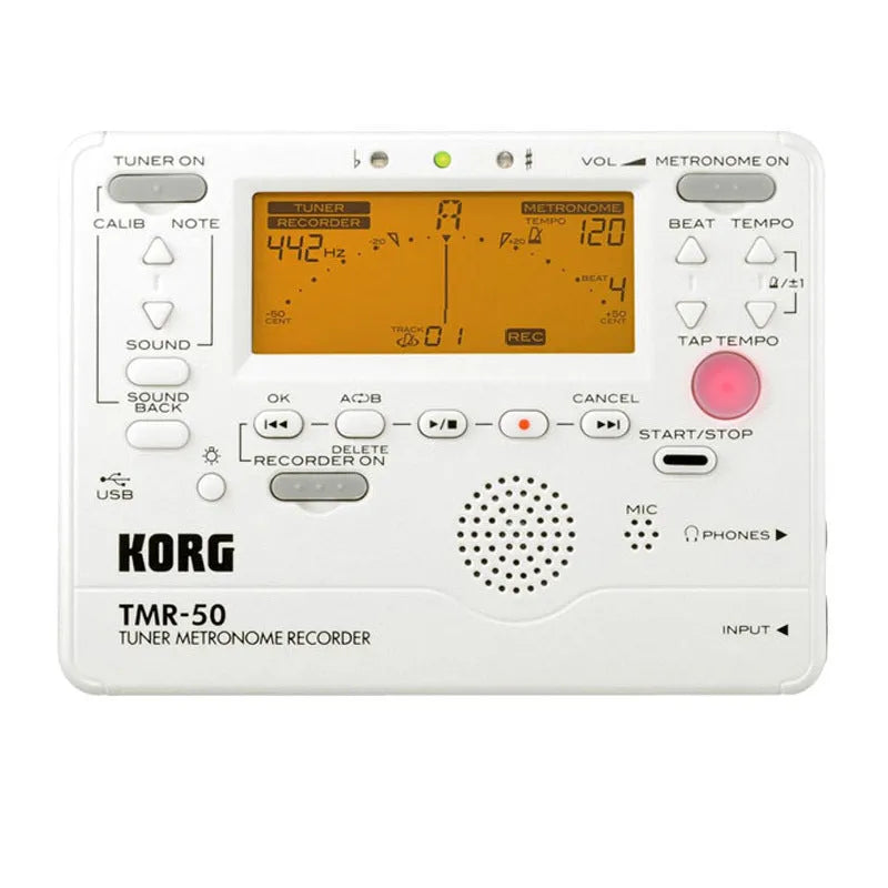 TM-60 digital tuner metronome in black or white plastic shell with display and controls