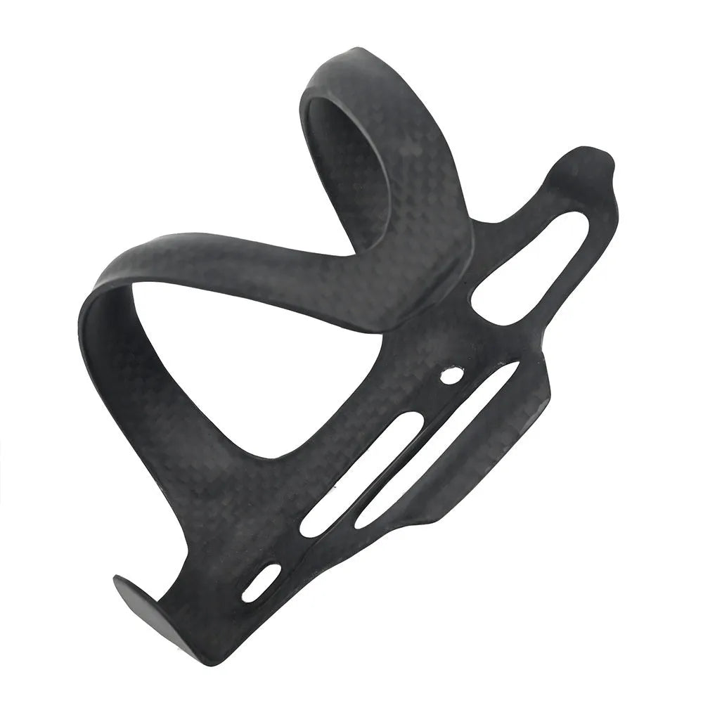 Black carbon fibre bicycle water bottle mount showing side-pull design and screw holes