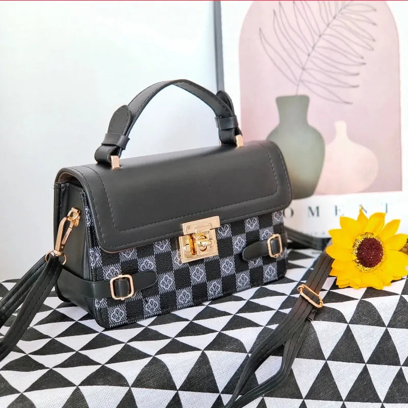 Retro ethnic pattern square crossbody bag in horizontal format with stitching detail and file bag interior