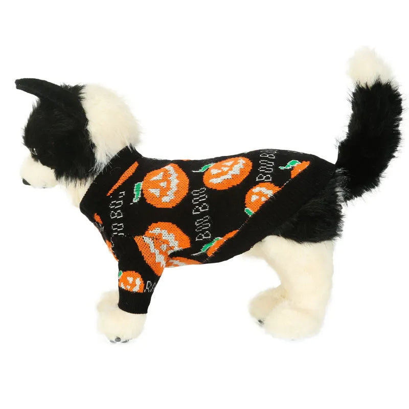 Black Halloween dog sweater with orange pumpkin pattern shown on model dog