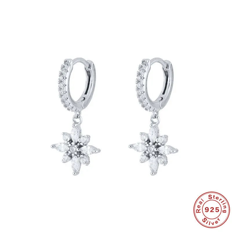 S925 sterling silver snowflake pendant earrings with clear gemstone, in yellow gold or white gold colour finish.