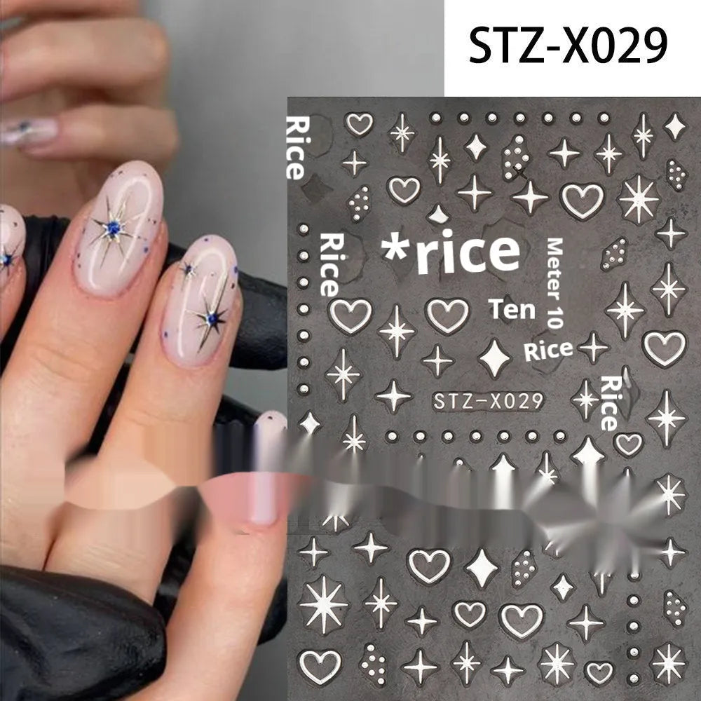 Cartoon love pattern nail art sticker decals in black and silver colours on a plastic sheet.