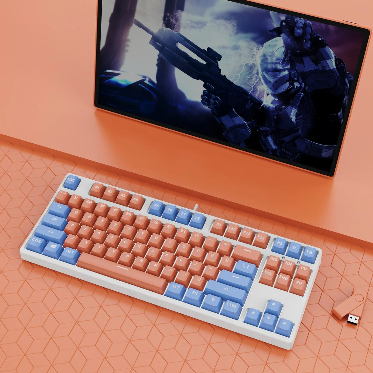 87-key mechanical keyboard with colourful keys on black or white metal chassis