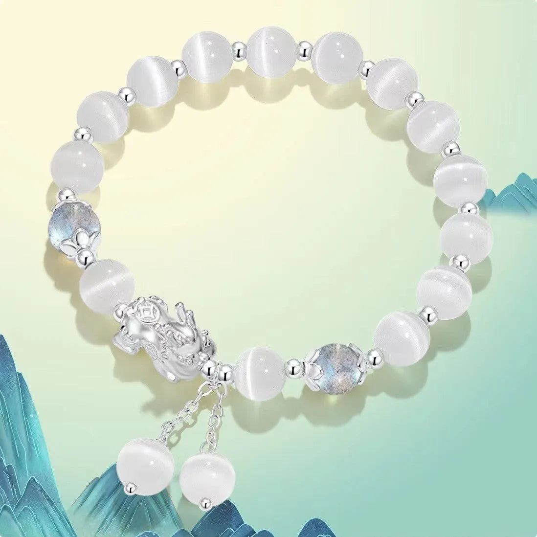 Natural black agate and moonstone couple bracelet with 10mm wave beads in national style