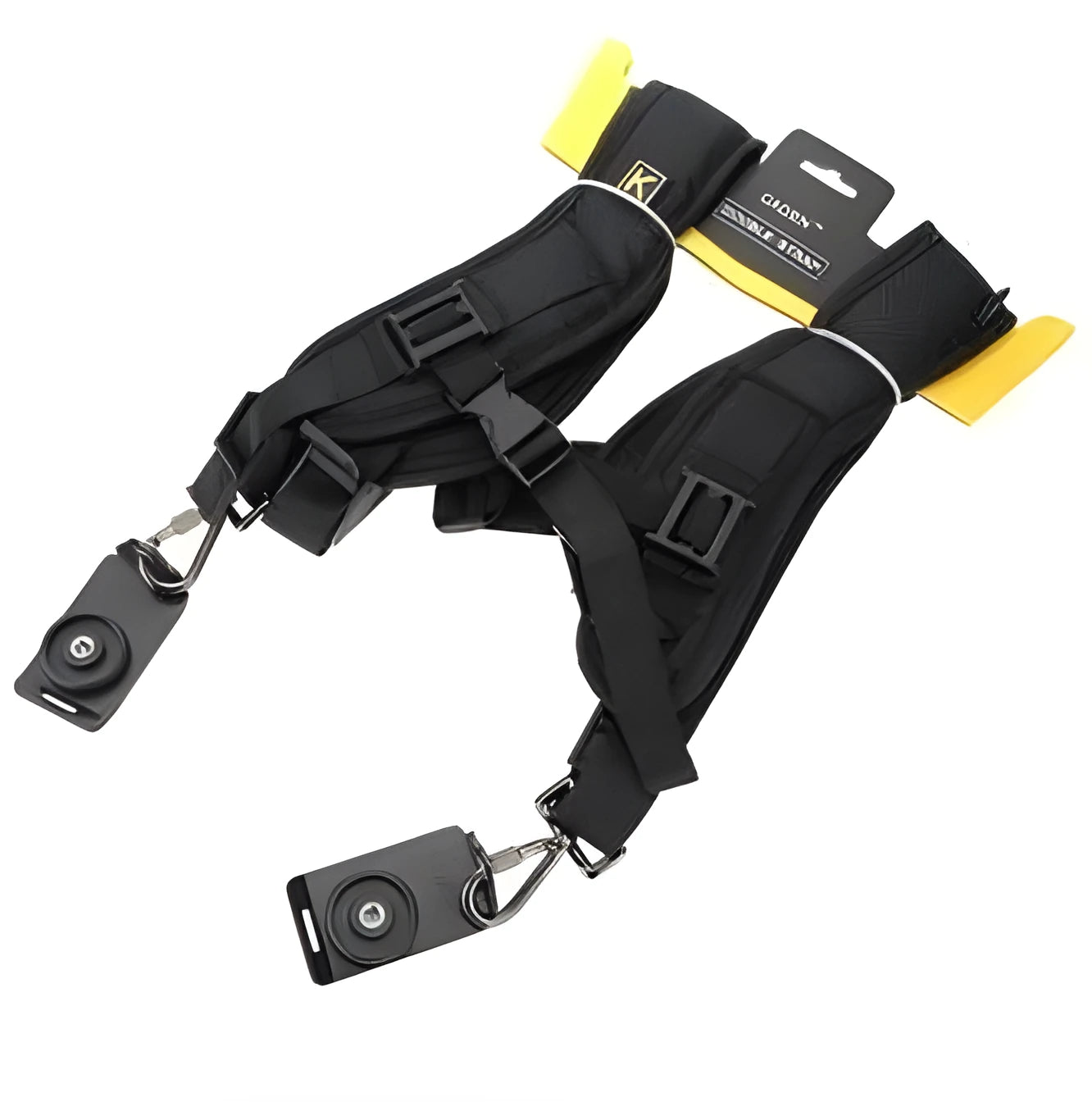 Black professional dual shoulder strap for two SLR cameras, showing nylon construction and padded shoulders.