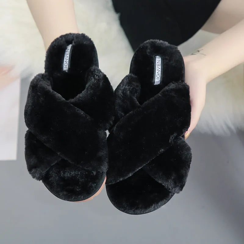 Women's open-toe cross-strap slippers with furry lining in multiple colour options
