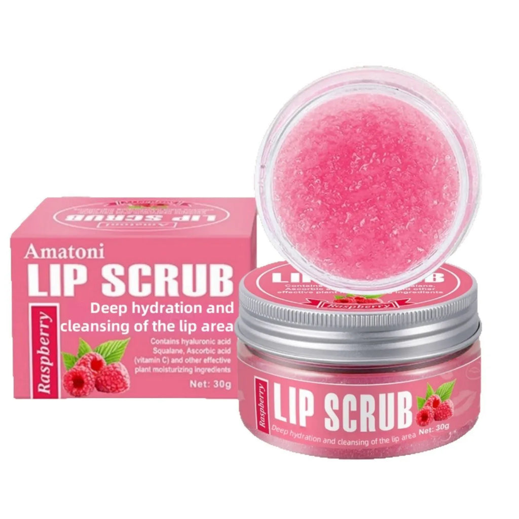 Amatoni 30g pot of fruit flavour lip scrub cream for exfoliating and moisturising lips.