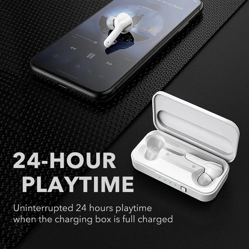 Black and white true wireless stereo earbuds with Bluetooth 5.0 technology