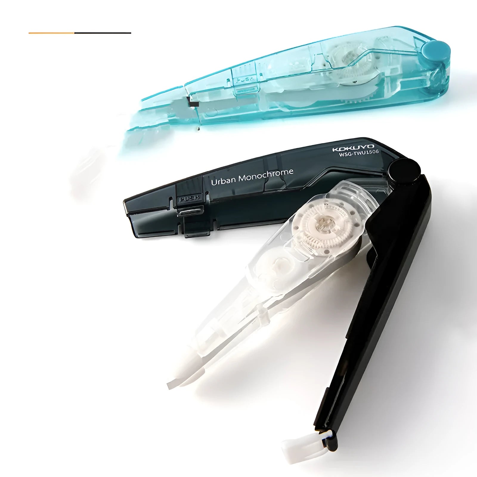 Refill correction tape dispenser in pastel blue, pink, yellow, transparent, black, and white colours.
