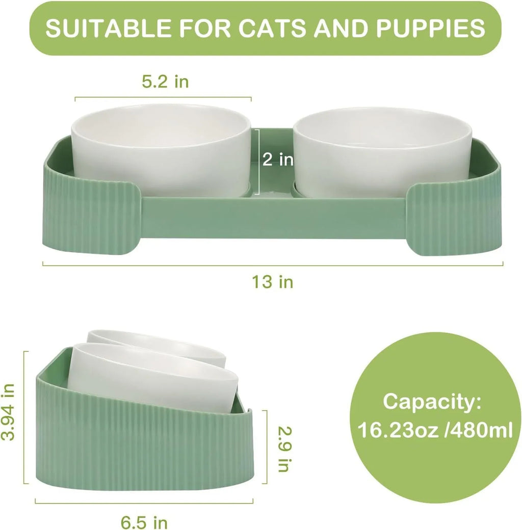 Green ceramic raised cat bowl set with two tilted bowls on a non-slip stand for food and water.