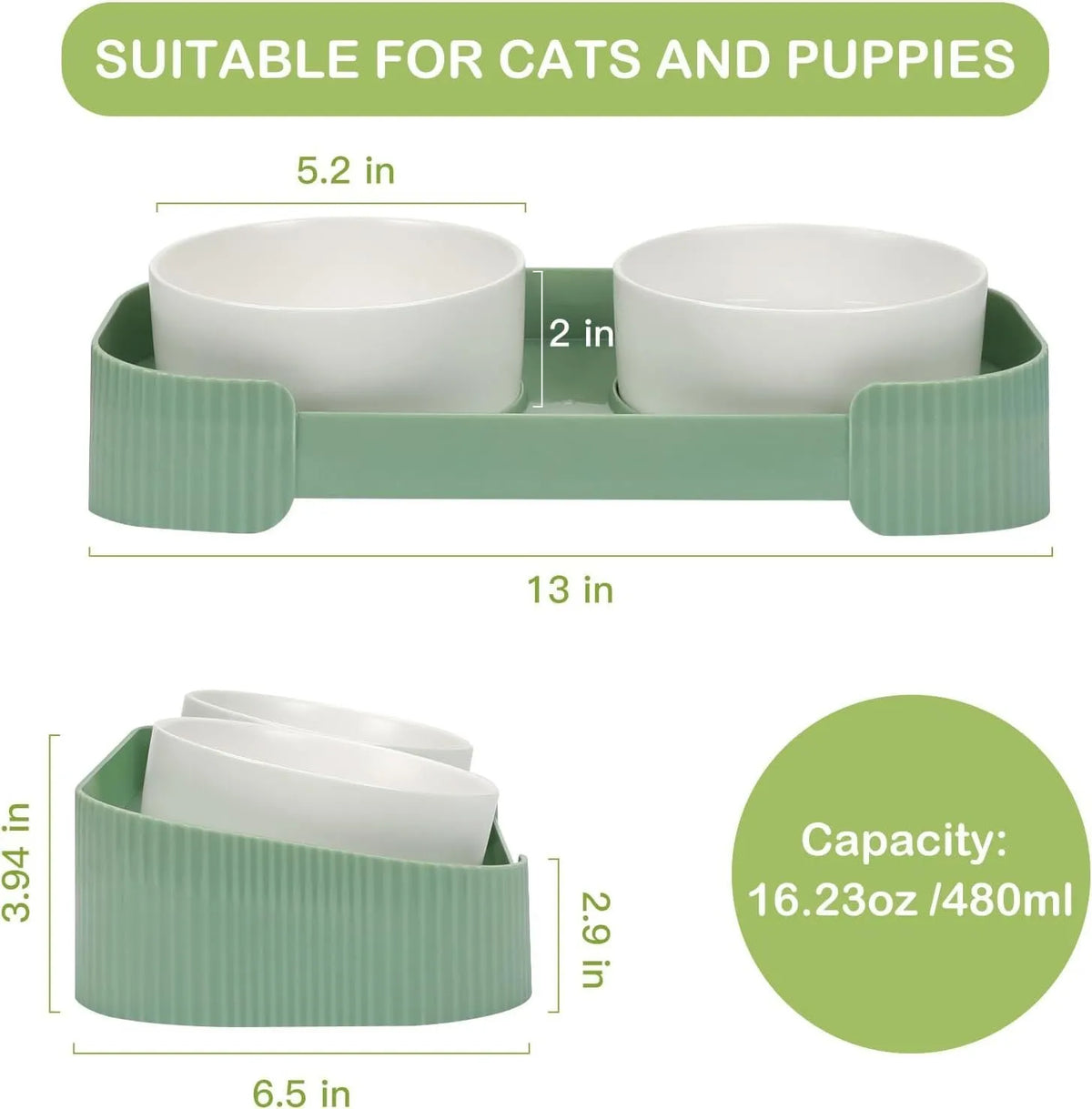 Green ceramic raised cat bowl set with two tilted bowls on a non-slip stand for food and water.