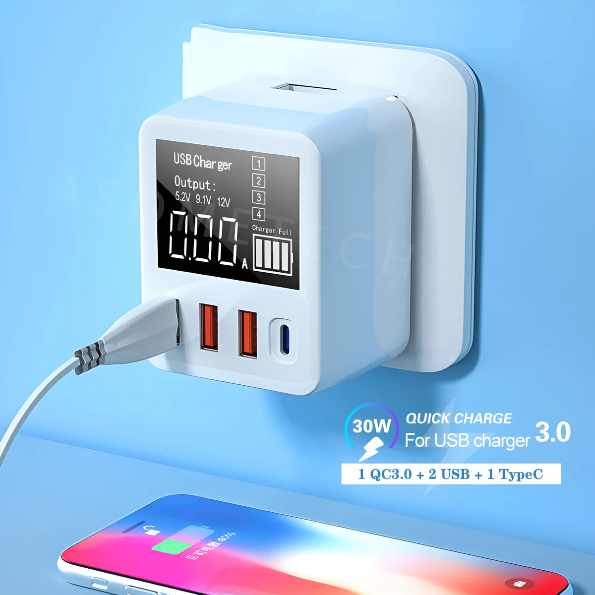 White 4-port USB travel charger with LED display showing output numbers, with UK plug pins.