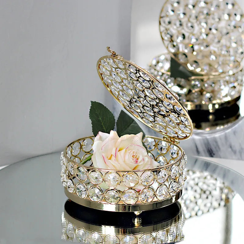 French gold metal jewelry box with crystal glass panels in European style design
