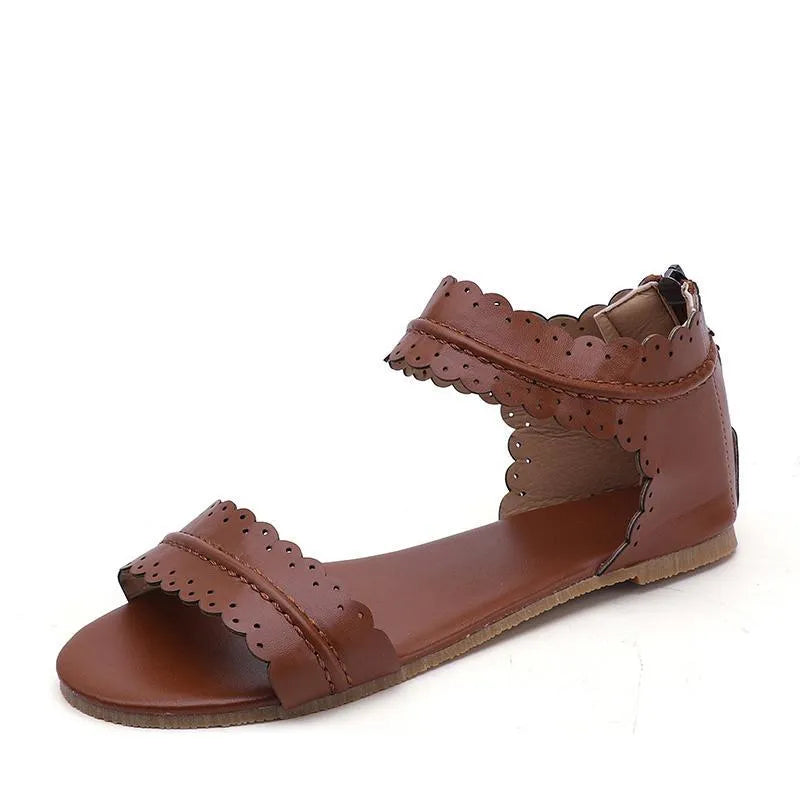 Ladies sandals with artificial PU upper and beef tendon sole, shown in black, brown, purple, and reddish brown colours.