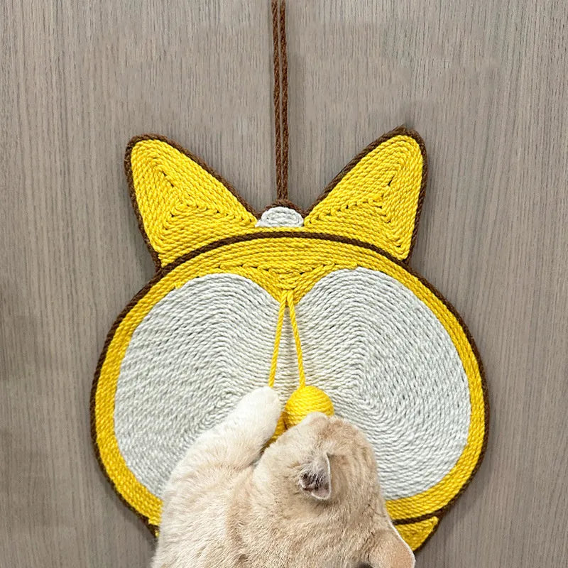 Yellow corgi butt design sisal cat scratching board with anti-slip base, shown with adhesive hooks.