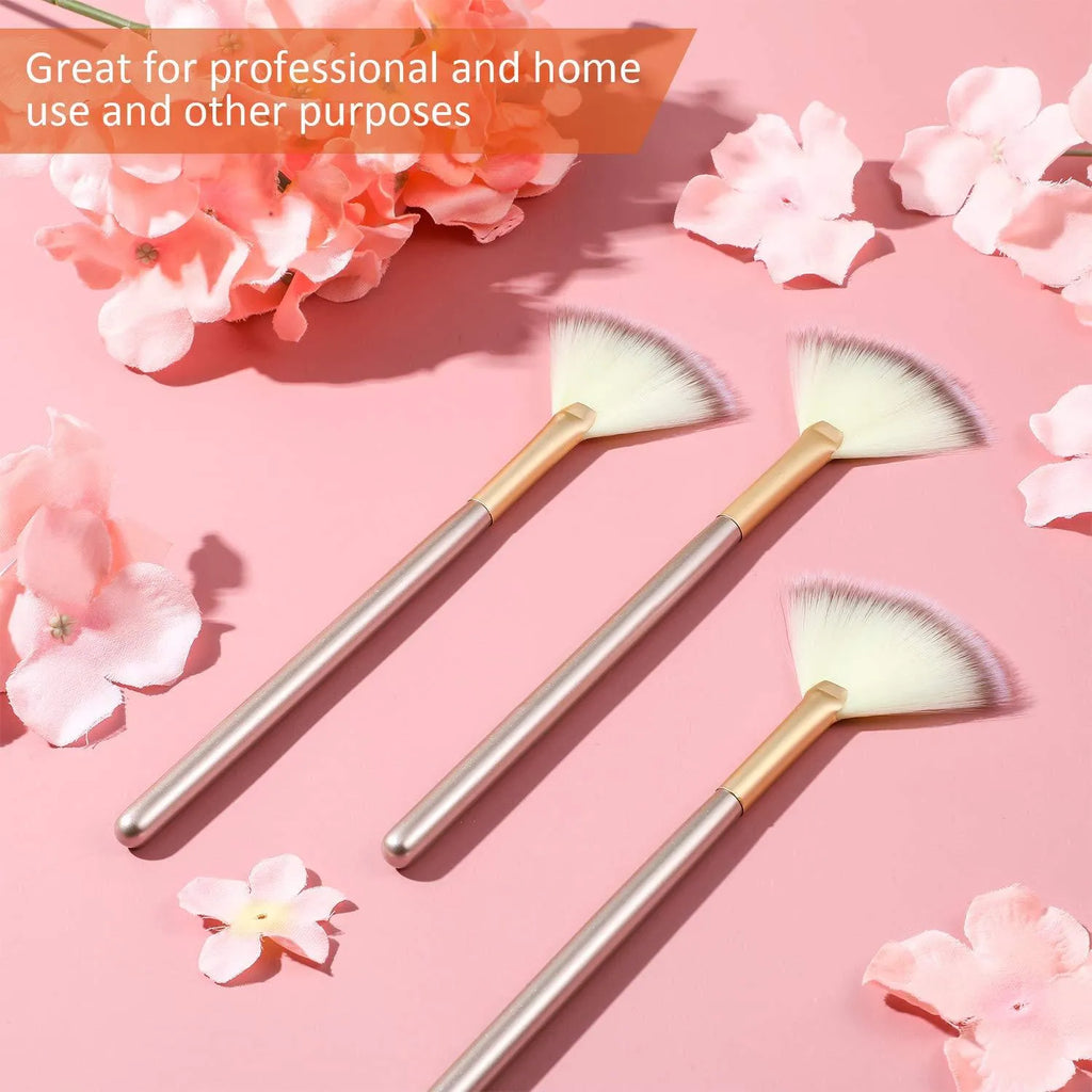Set of 10 champagne-finish facial fan brushes with protective covers for professional makeup and skincare