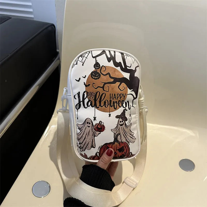 Halloween graffiti phone bag with pumpkin ghost bat print crossbody design