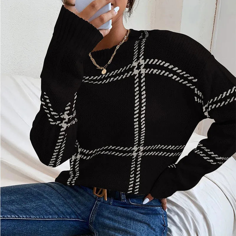 Women's plaid colour-block acrylic sweater with loose fit and crew neck
