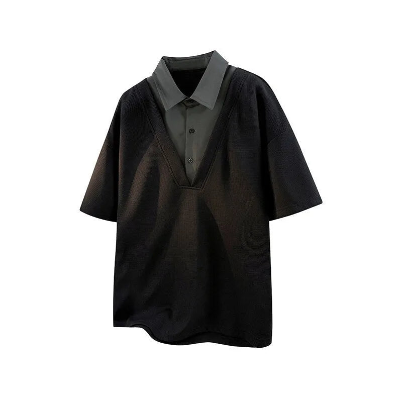 Men's black Henry collar polo shirt sweater with short sleeves and pullover design