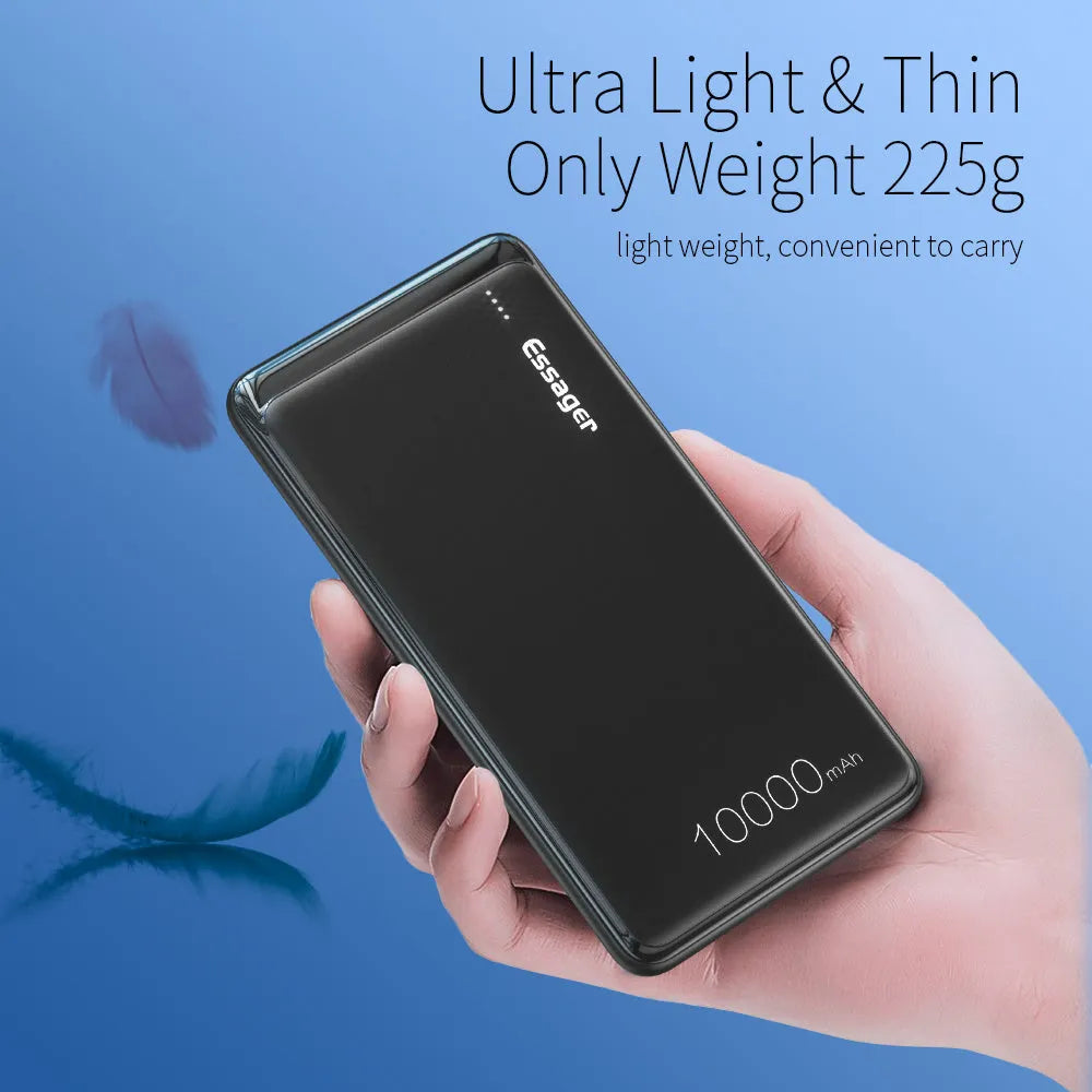 Essager Small Jane black 10000mAh portable power bank with dual USB ports and LED indicators