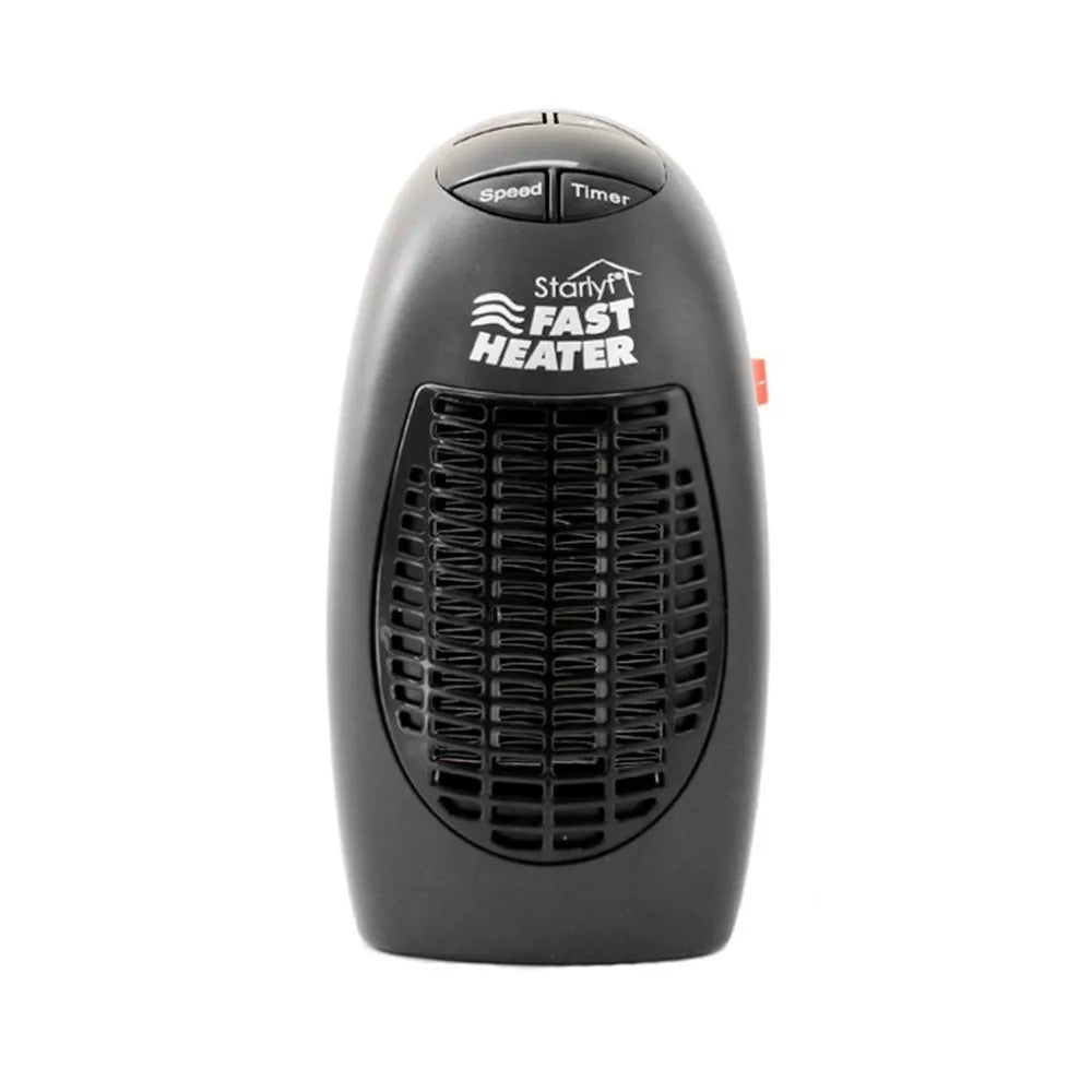 Black mini ceramic electric heater with digital display and a rotating three-prong plug on a desk.