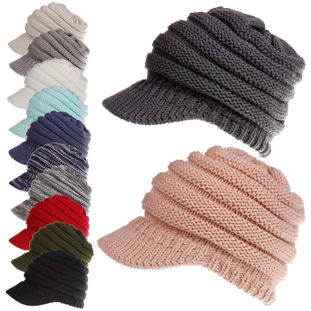 Women's acrylic yarn ponytail beanie hat in various colours showing hairstyle accommodation
