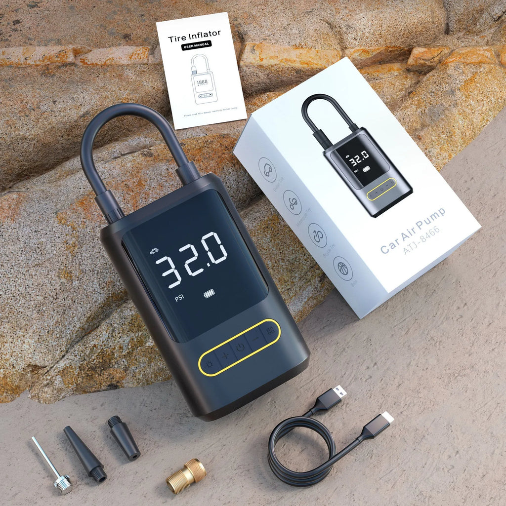 Handheld wireless digital car air pump with display screen, lithium battery power and multiple air nozzles