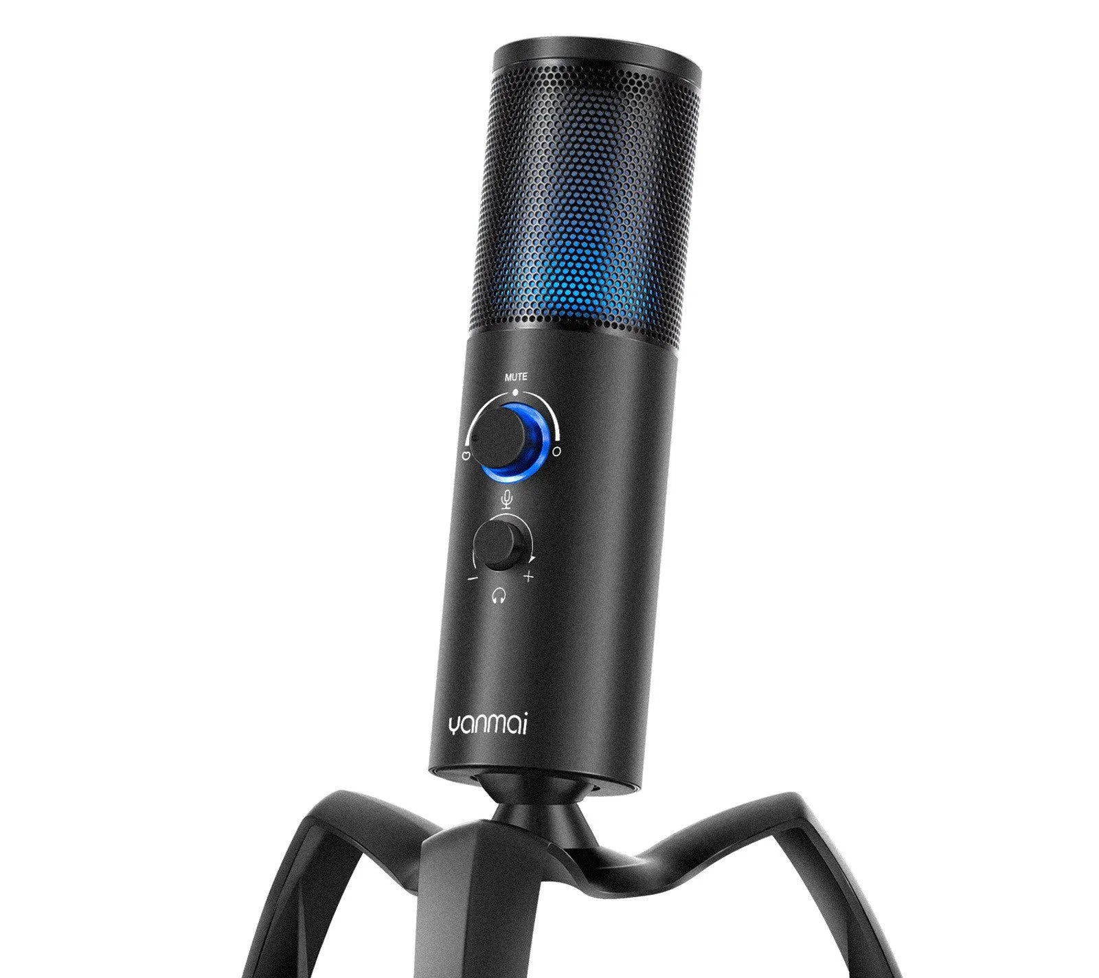 Black Q18 two directional condenser microphone with RGB breathing lamp, metal shell, and adjustable tripod bracket for USB recording