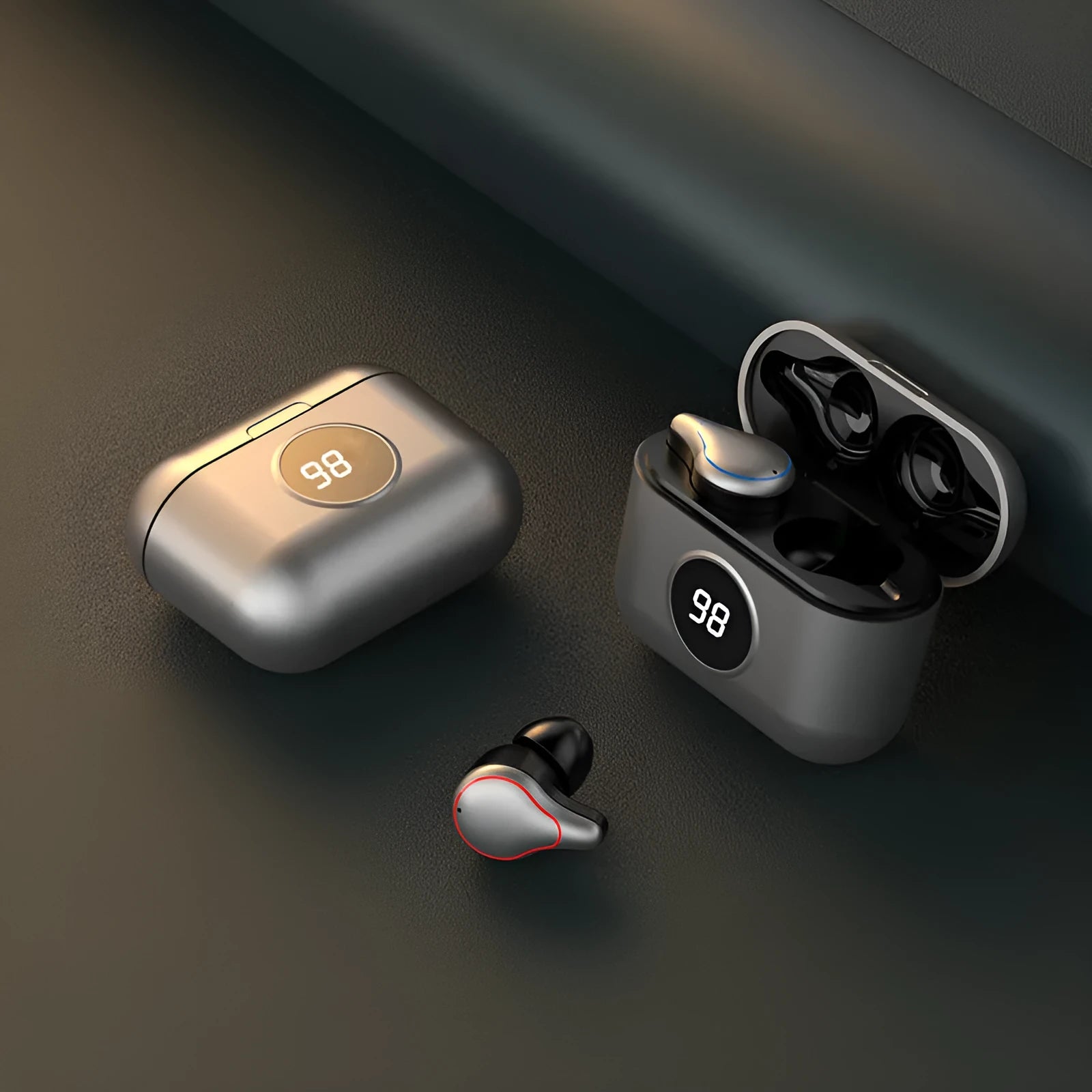 Black and blue Bluetooth wireless in-ear headphones showing earplug design and bilateral stereo configuration