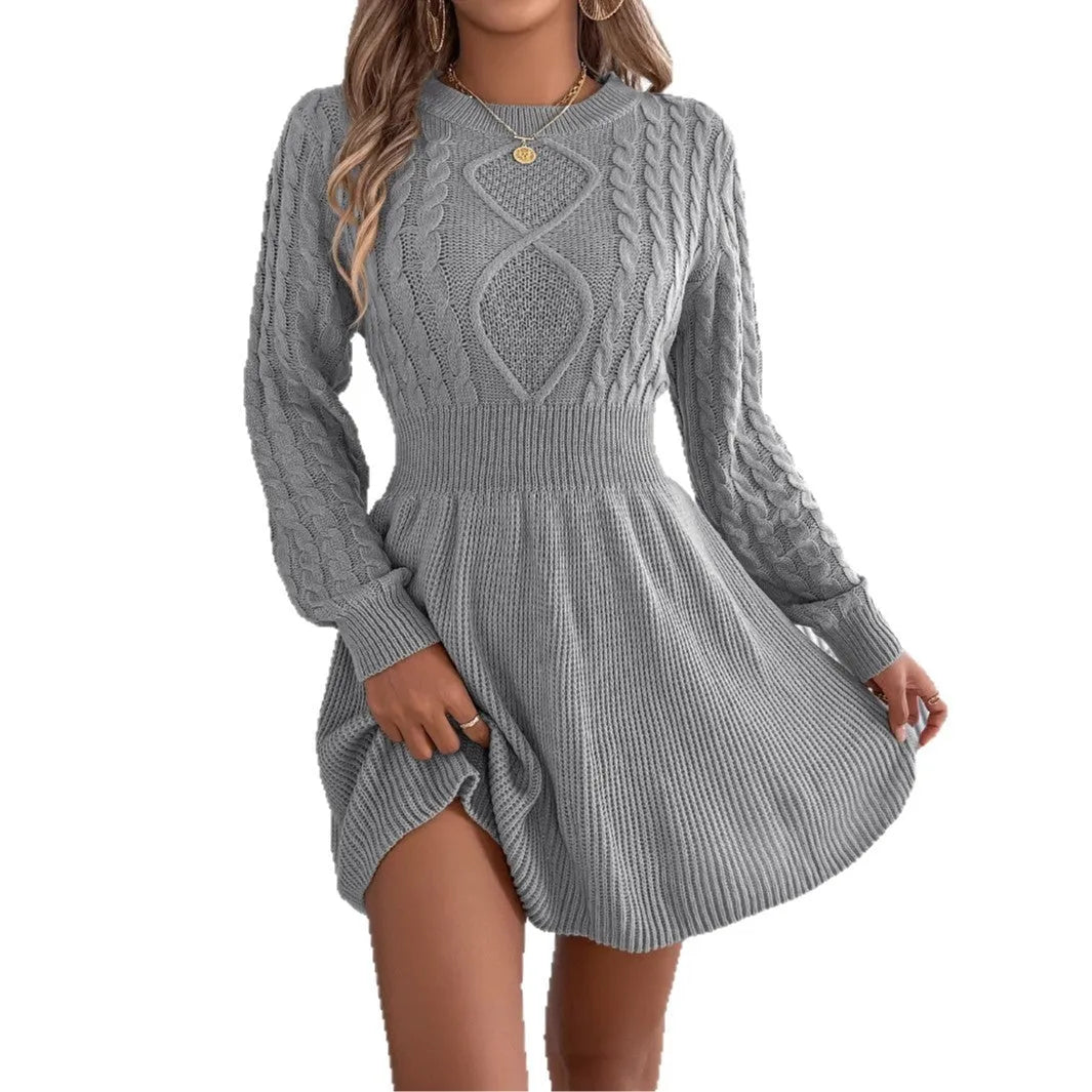 Woman wearing a black acrylic artificial fur sweater dress with lantern sleeves and an elastic waist.
