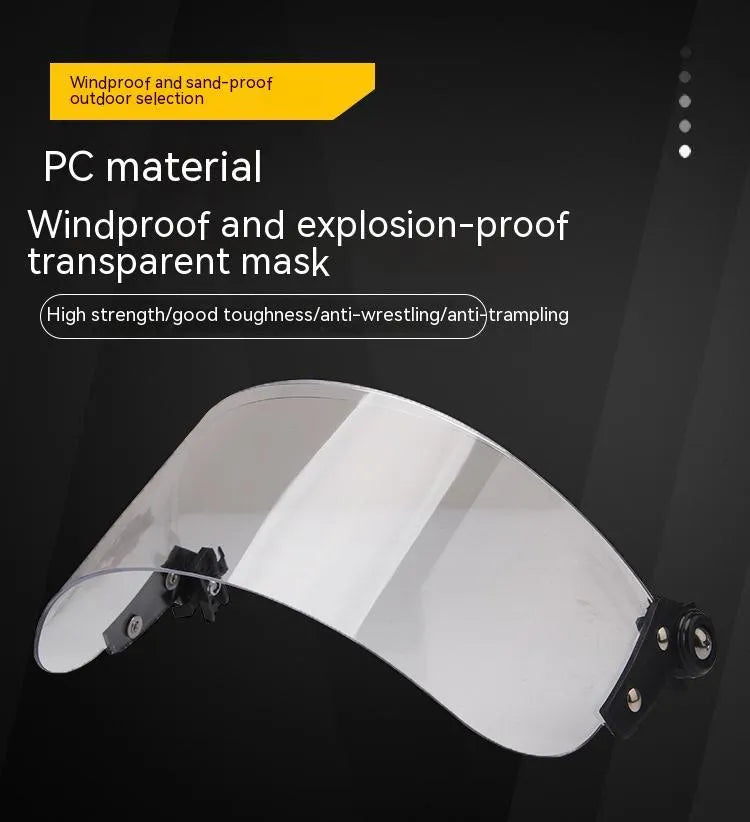 Transparent polycarbonate helmet-mounted face shield with guide rail attachment
