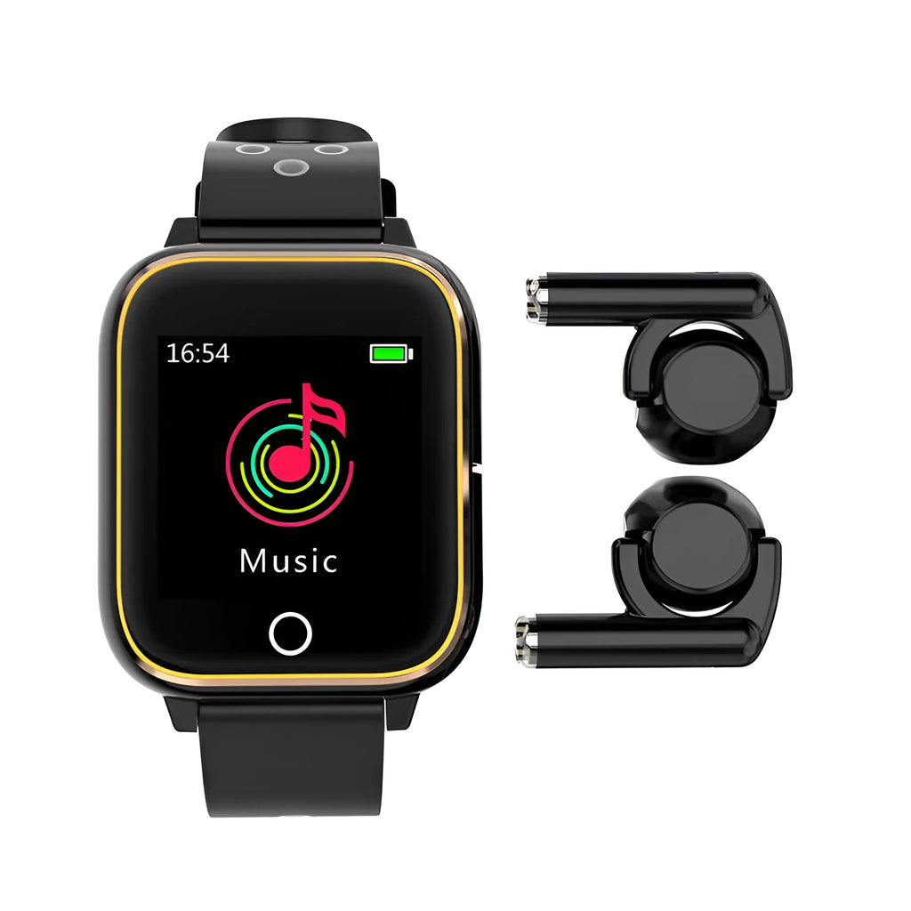 Black smart watch with built-in Bluetooth earphones stored in the watch case, showing a 1.4-inch TFT display.