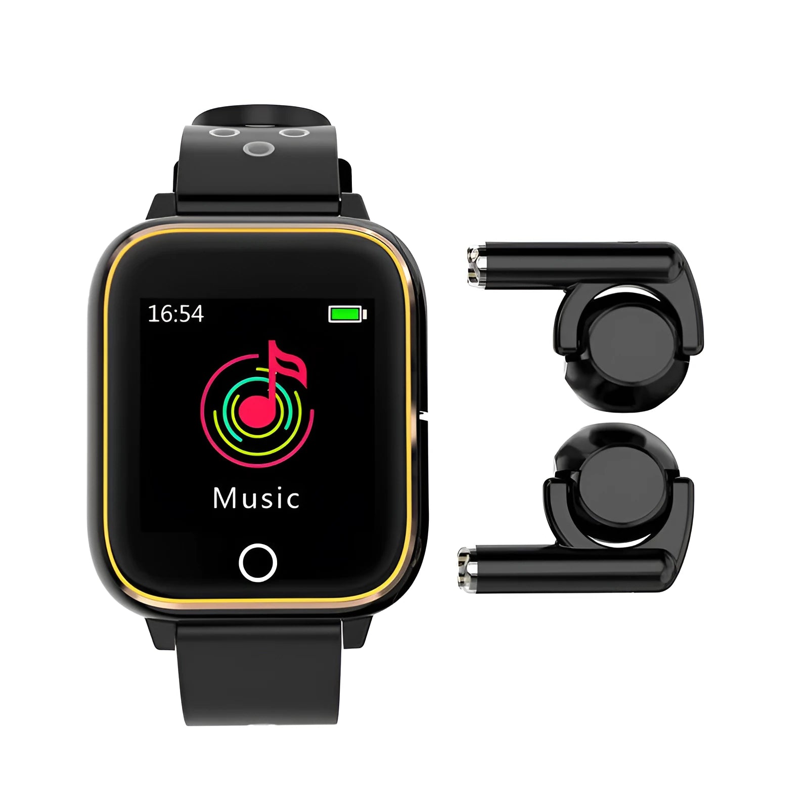 Black smart watch with built-in Bluetooth earphones stored in the watch case, showing a 1.4-inch TFT display.