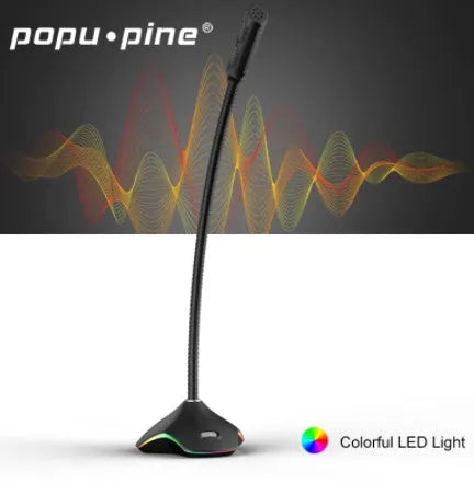 Black wired condenser microphone with integrated desktop stand and foam windscreen pop filter.