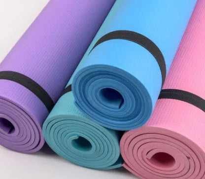 EVA yoga mat in blue showing textured anti-skid surface with thickness options