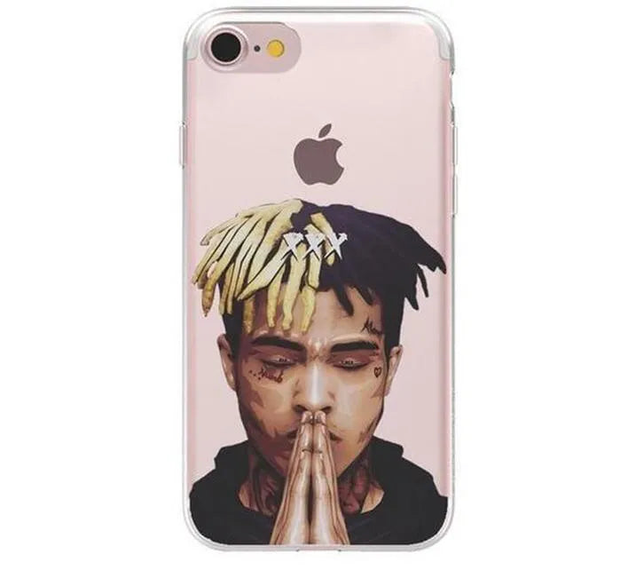 Transparent half-wrapped iPhone case with XXXTentacion matte pattern, showing phone model compatibility.