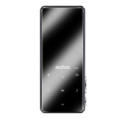 Portable MP3 MP4 player with 2.4-inch touchscreen showing music interface, available in black, silver, blue, and red colours.