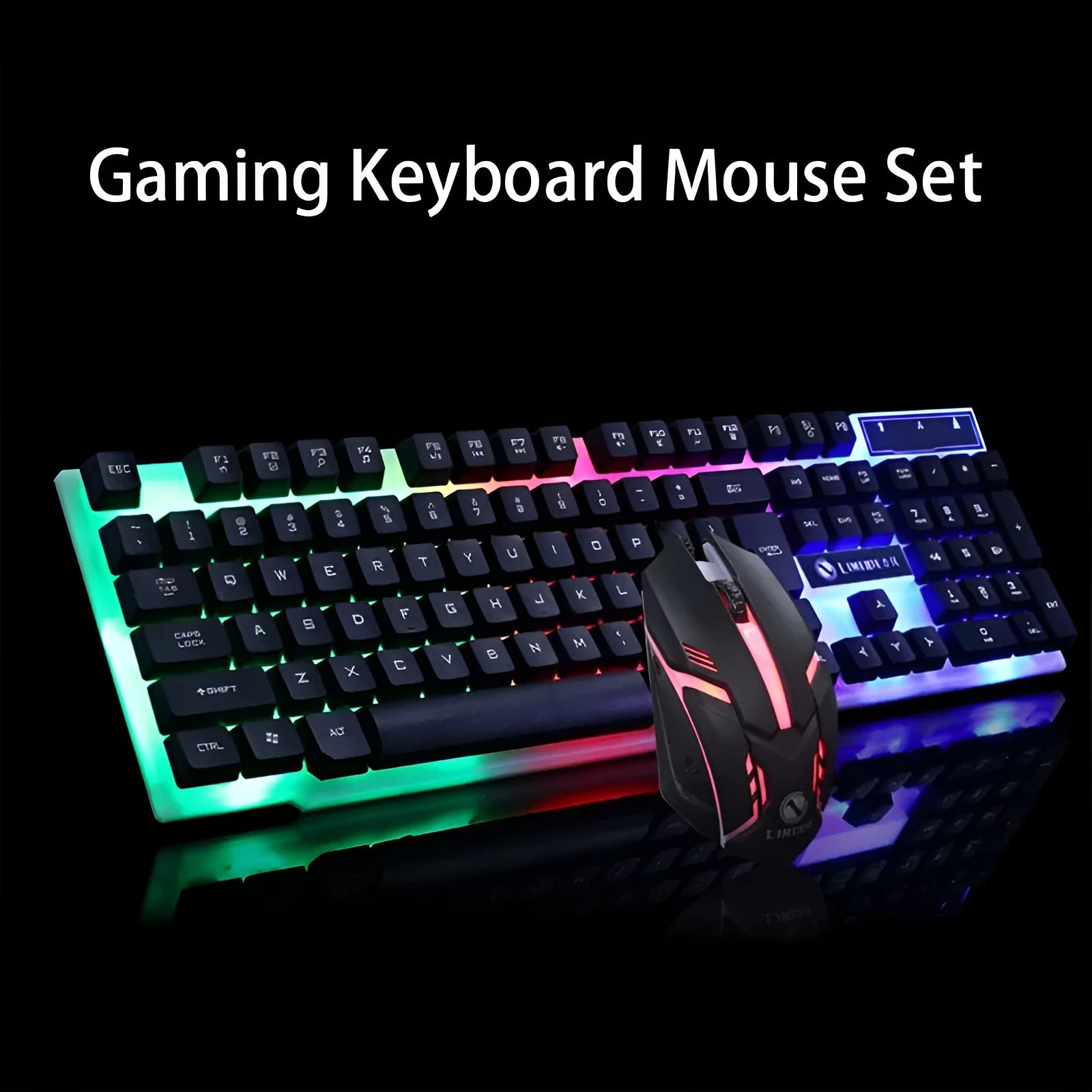 GTX300 black and white wired gaming keyboard and mouse set with backlit keys on a desk