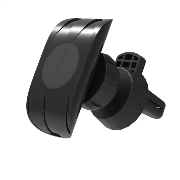 Black car phone holder mounted on car air vent with phone in adjustable clamp