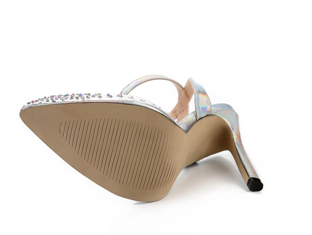 Women's pointed toe stiletto heel sandals with a PVC upper, shown on a size chart.