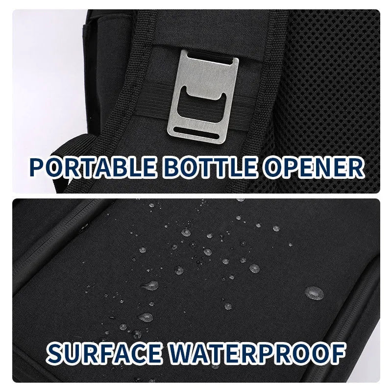 Blue insulated waterproof picnic backpack with double-layer construction and ice pack compartment